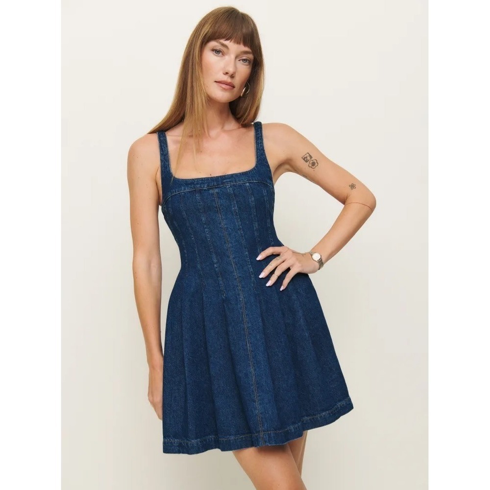 NWT!!‎ REFORMATION Violet Denim Mini Dress Blue Smocked A-Line Skirt Size 12